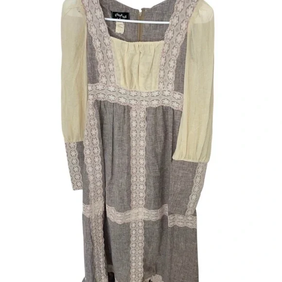 1970s Gunne Sax Brown Beige Lace Prairie Boho Cottage Maxi Dress - Picture 2 of 7